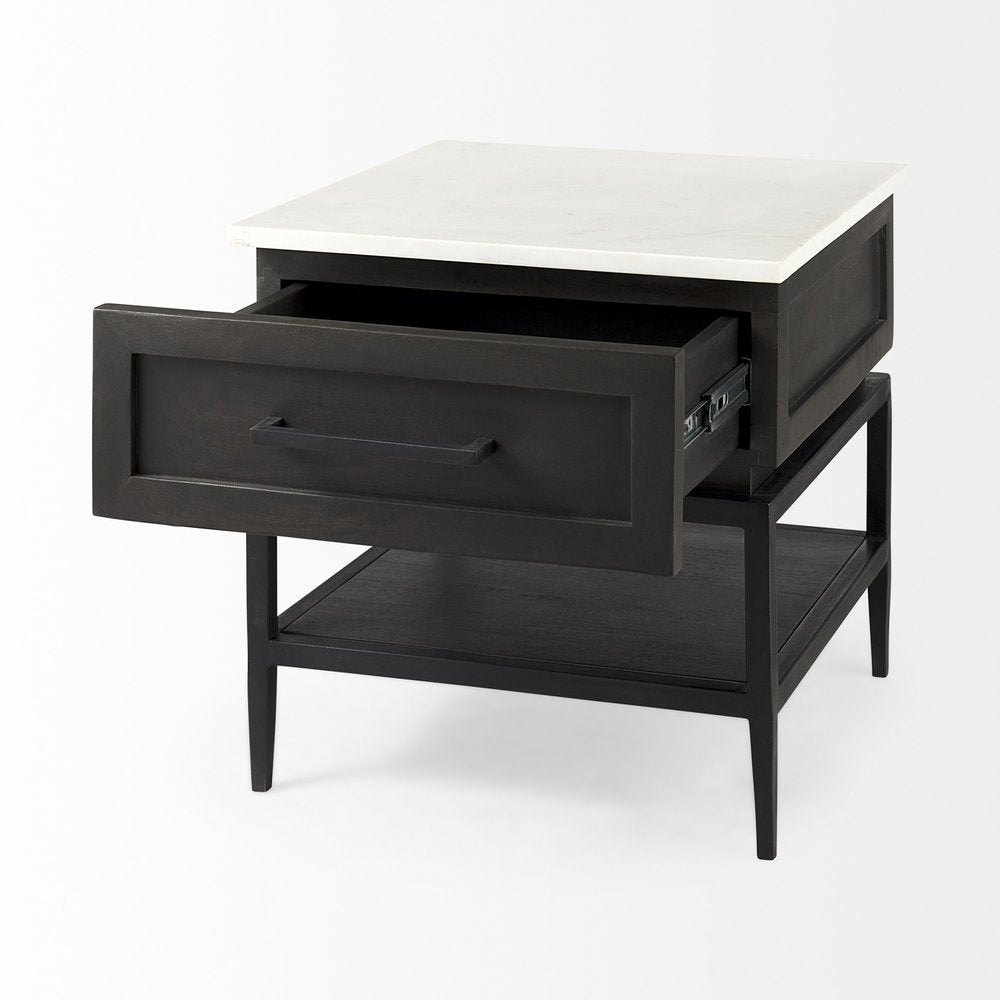 22" Black And White Marble Square End Table With Drawer And Shelf HomeRoots
