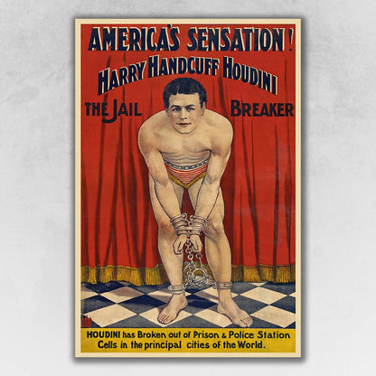 36" X 54" Houdini In Handcuffs Vintage Magic Poster Wall Art