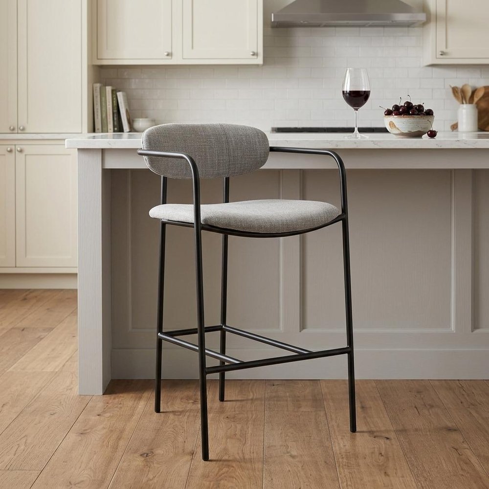 27" Gray And Black Fabric And Metal Counter Height Bar Chair HomeRoots