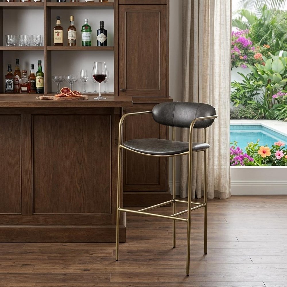 30" Brown And Gold Faux Leather And Steel Bar Height Bar Chair HomeRoots