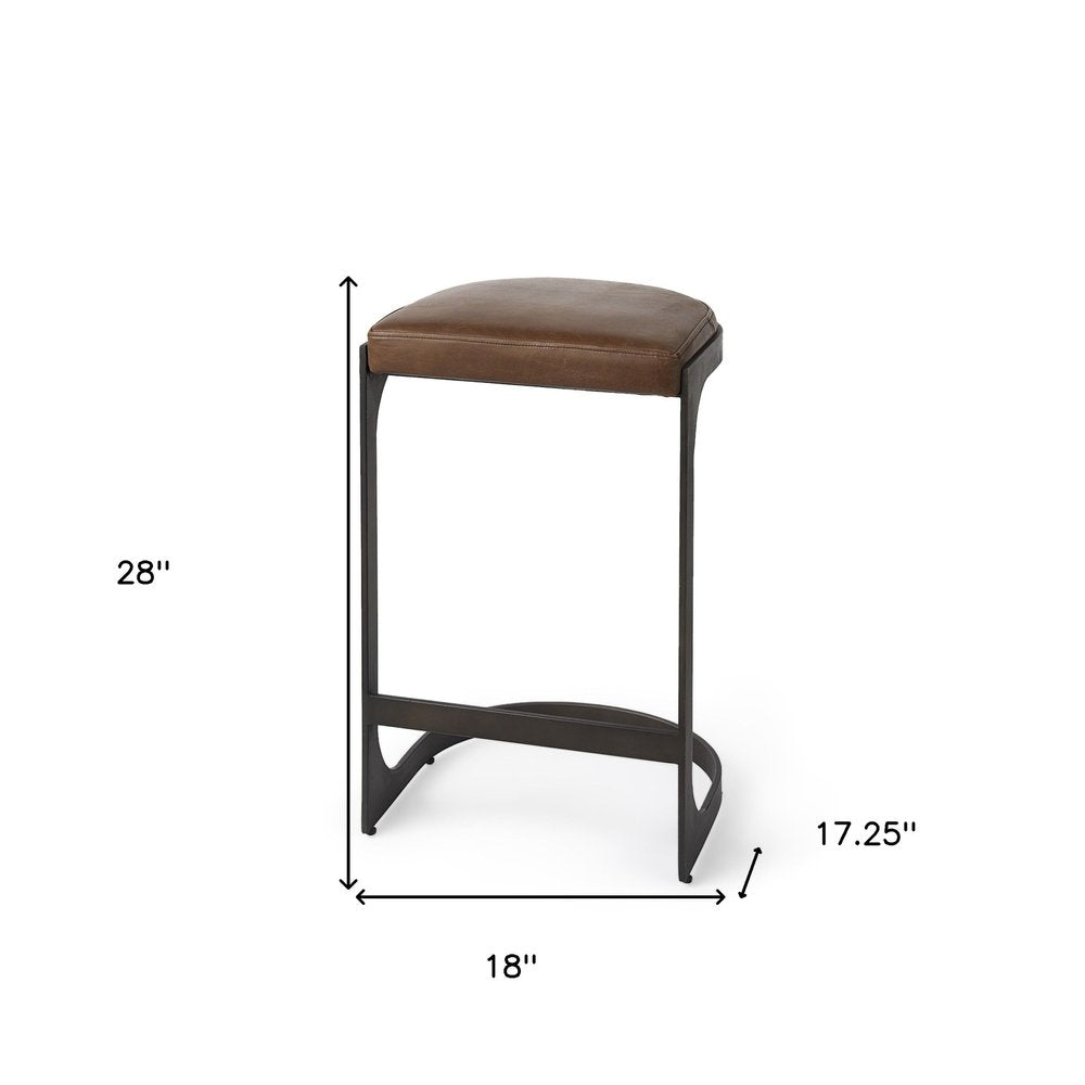 29" Brown And Black Leather And Genuine Leather And Metal Backless Counter Height Bar Chair HomeRoots