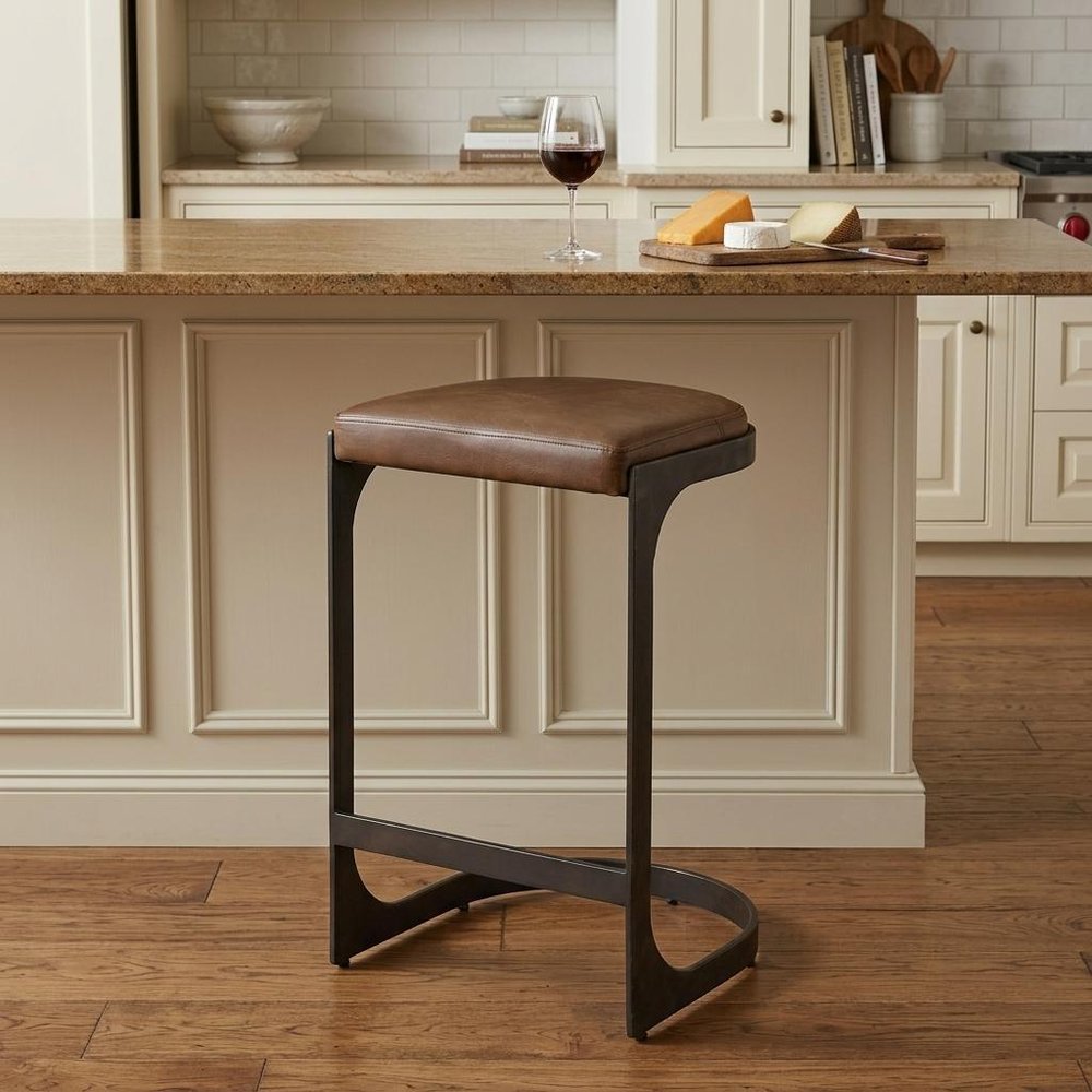 29" Brown And Black Leather And Genuine Leather And Metal Backless Counter Height Bar Chair HomeRoots