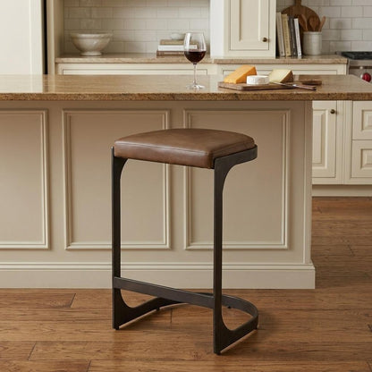 29" Brown And Black Leather And Genuine Leather And Metal Backless Counter Height Bar Chair HomeRoots