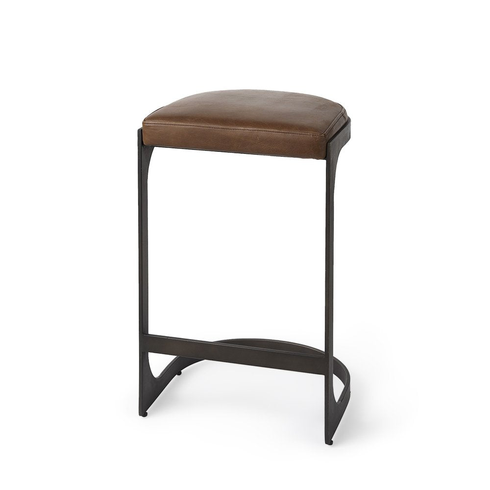 29" Brown And Black Leather And Genuine Leather And Metal Backless Counter Height Bar Chair HomeRoots
