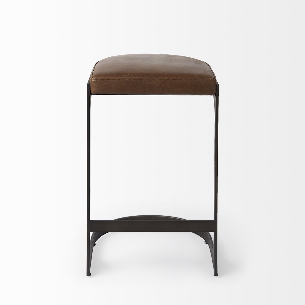 29" Brown And Black Leather And Genuine Leather And Metal Backless Counter Height Bar Chair HomeRoots