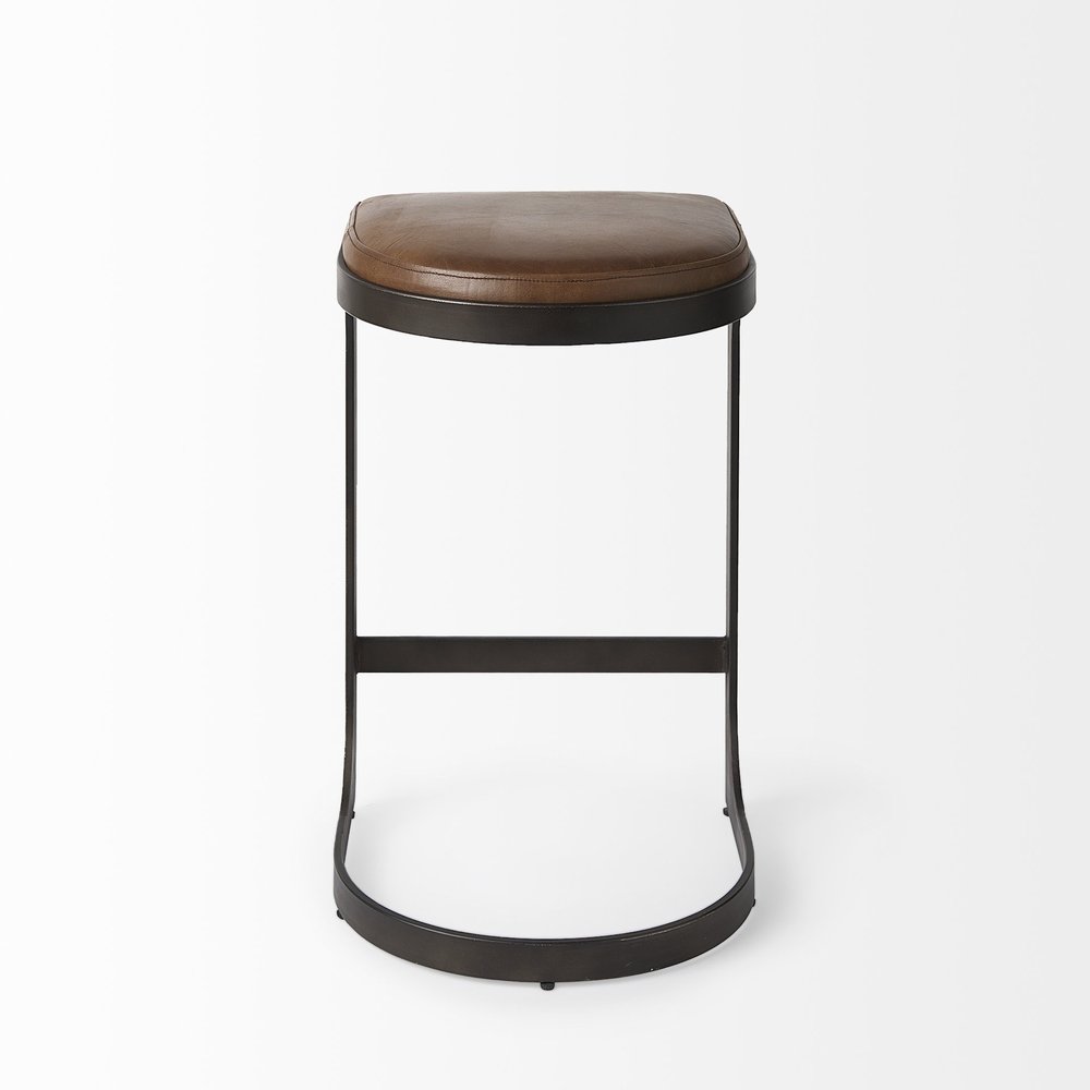 29" Brown And Black Leather And Genuine Leather And Metal Backless Counter Height Bar Chair HomeRoots