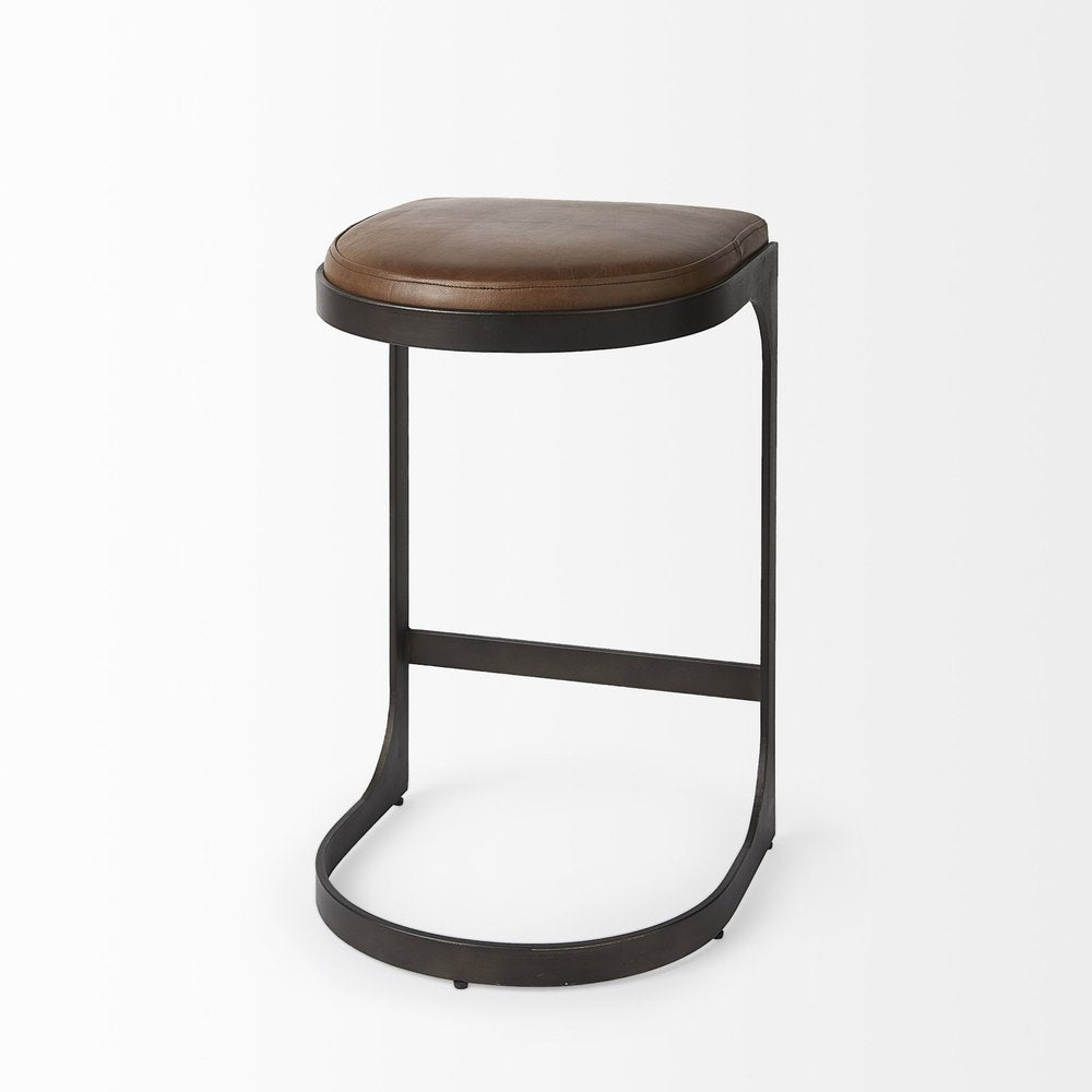 29" Brown And Black Leather And Genuine Leather And Metal Backless Counter Height Bar Chair HomeRoots
