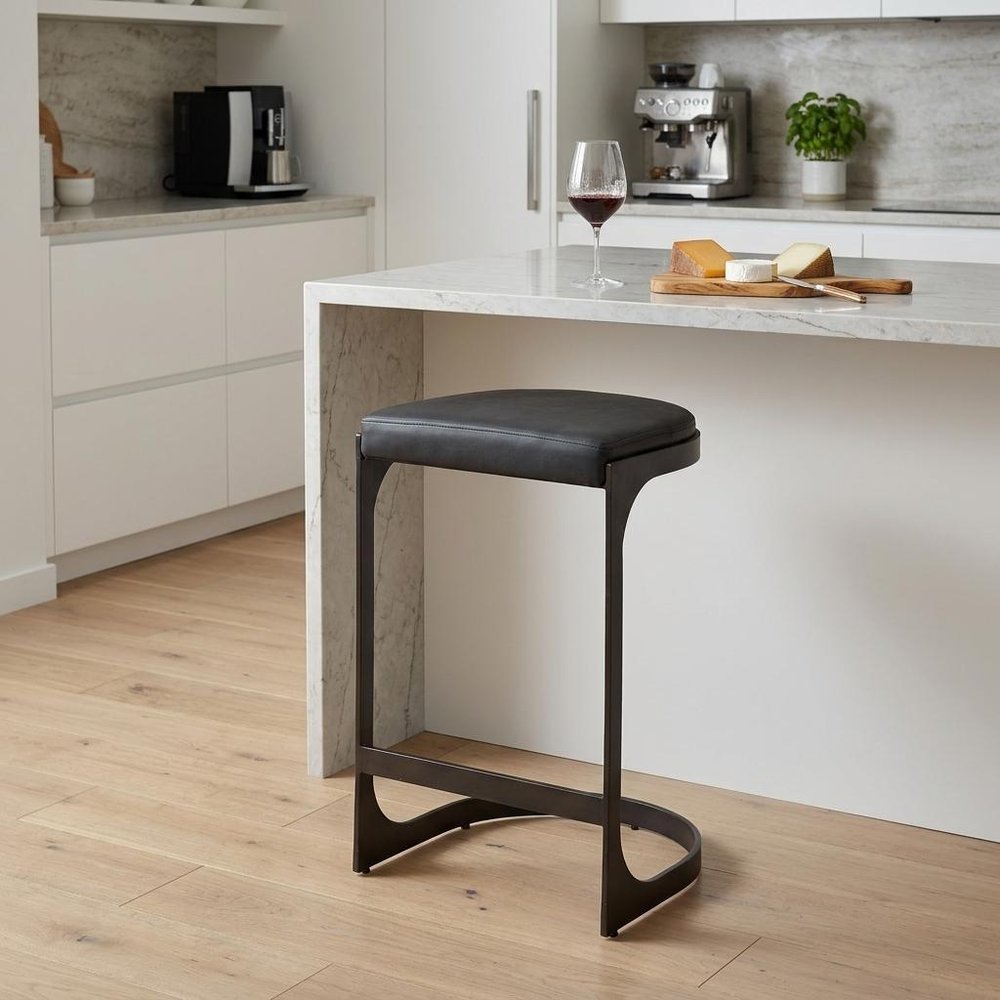 29" Black Faux Leather Genuine Leather and Metal Backless Counter Height Bar Chair HomeRoots