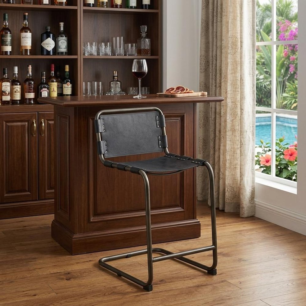 29" Black Leather And Iron Bar Chair HomeRoots