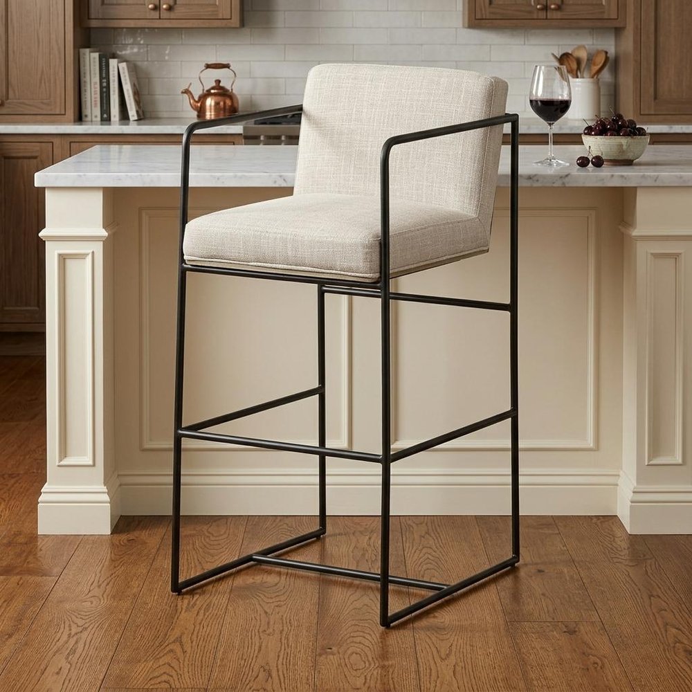 29" Beige And Black Fabric And Metal Counter Height Bar Chair HomeRoots
