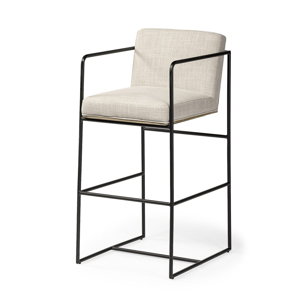 29" Beige And Black Fabric And Metal Counter Height Bar Chair HomeRoots