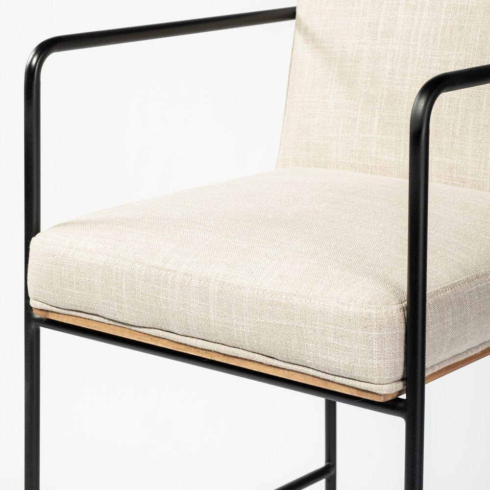 29" Beige And Black Fabric And Metal Counter Height Bar Chair HomeRoots