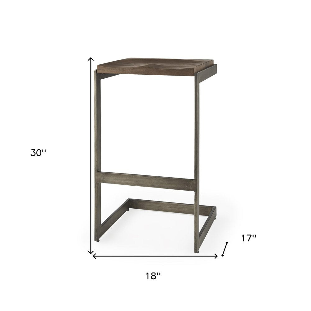 30" Wood Brown And Gray Solid Wood And Metal Backless Bar Height Bar Chair HomeRoots
