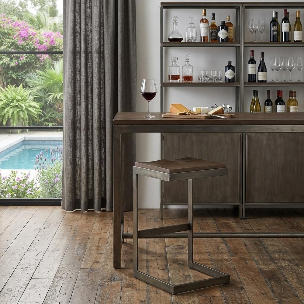 30" Wood Brown And Gray Solid Wood And Metal Backless Bar Height Bar Chair HomeRoots