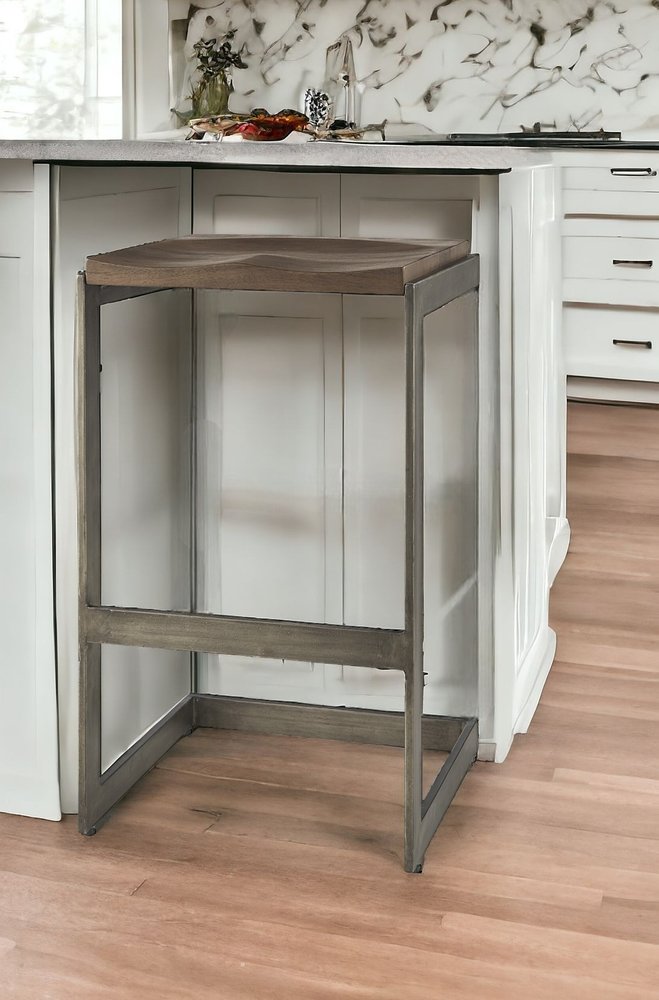 30" Wood Brown And Gray Solid Wood And Metal Backless Bar Height Bar Chair HomeRoots