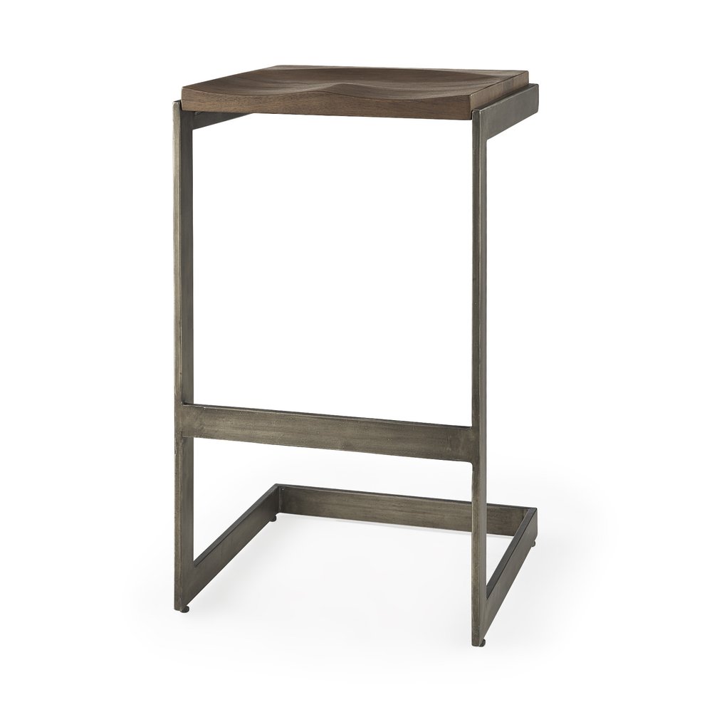 30" Wood Brown And Gray Solid Wood And Metal Backless Bar Height Bar Chair HomeRoots