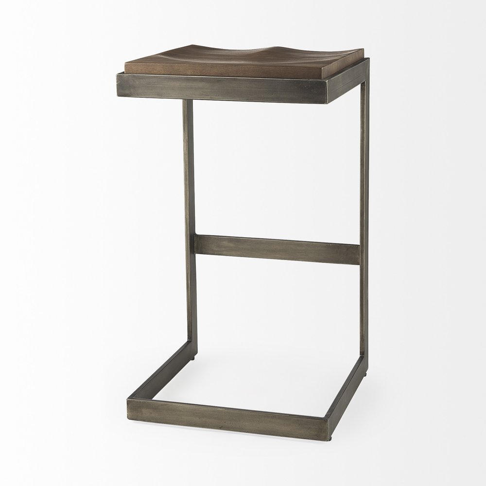 30" Wood Brown And Gray Solid Wood And Metal Backless Bar Height Bar Chair HomeRoots