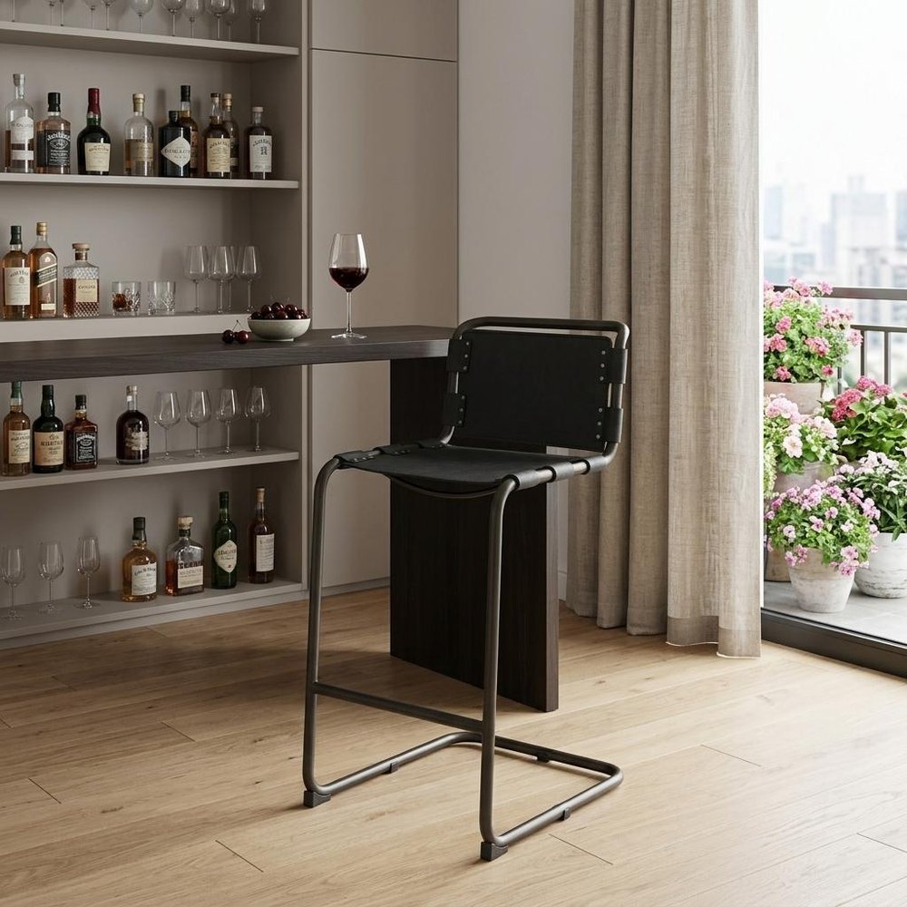 30" Black And Gray Leather And Iron Bar Height Bar Chair HomeRoots