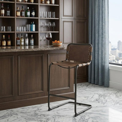 35" Brown And Black Leather And Metal Bar Height Bar Chair HomeRoots