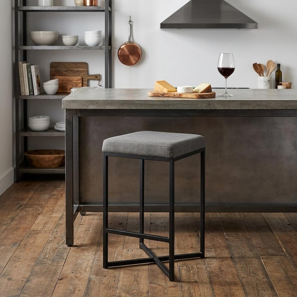 26" Gray and Black Fabric and Metal Backless Counter Height Bar Chair HomeRoots