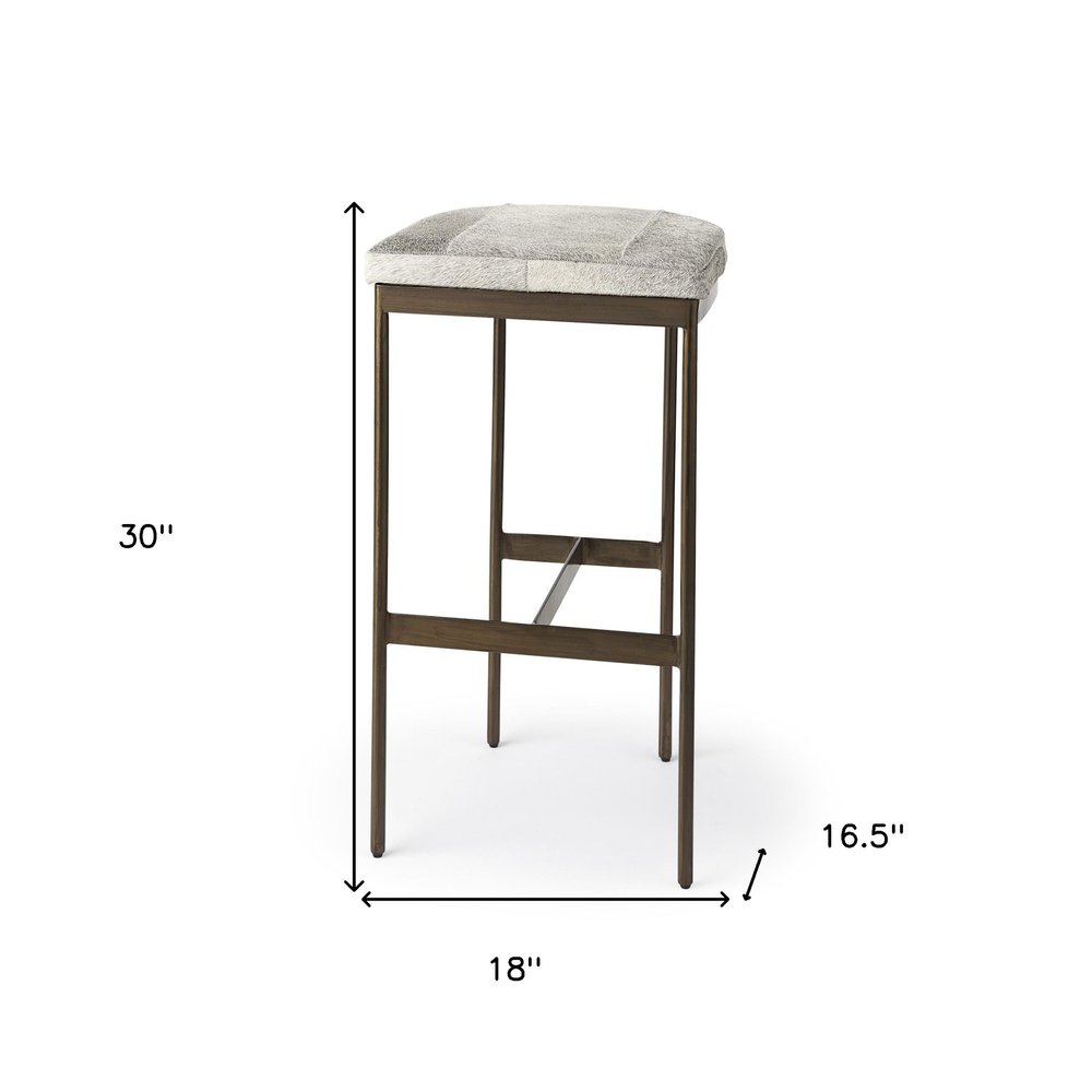 35" Gray And Gold Leather And Hair on Hide Leather And Metal Backless Counter Height Bar Chair HomeRoots
