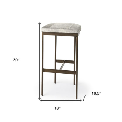 35" Gray And Gold Leather And Hair on Hide Leather And Metal Backless Counter Height Bar Chair HomeRoots