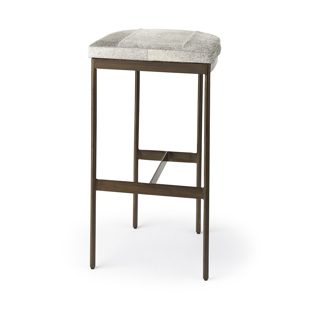 35" Gray And Gold Leather And Hair on Hide Leather And Metal Backless Counter Height Bar Chair HomeRoots