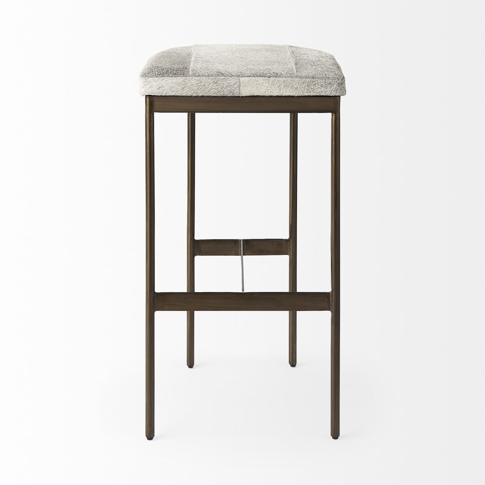 35" Gray And Gold Leather And Hair on Hide Leather And Metal Backless Counter Height Bar Chair HomeRoots