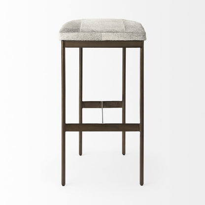 35" Gray And Gold Leather And Hair on Hide Leather And Metal Backless Counter Height Bar Chair HomeRoots