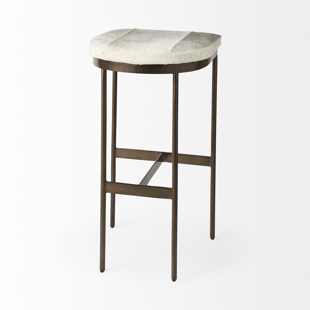 35" Gray And Gold Leather And Hair on Hide Leather And Metal Backless Counter Height Bar Chair HomeRoots