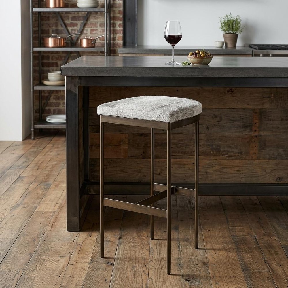 35" Gray And Gold Leather And Hair on Hide Leather And Metal Backless Counter Height Bar Chair HomeRoots