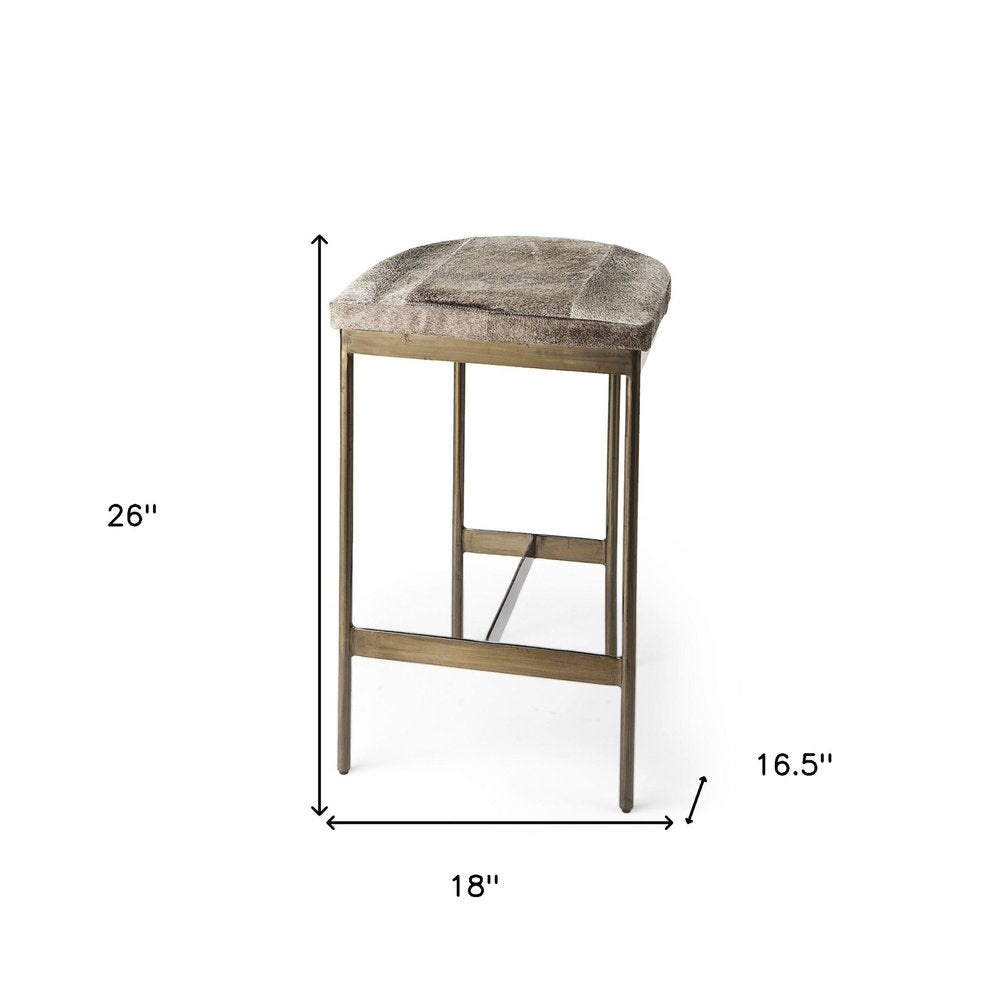 29" Gray And Gold Hair on Hide Leather And Iron Backless Counter Height Bar Chair HomeRoots
