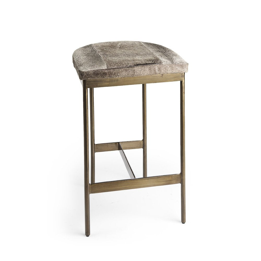 29" Gray And Gold Hair on Hide Leather And Iron Backless Counter Height Bar Chair HomeRoots