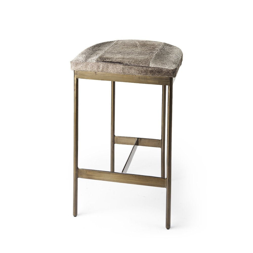 29" Gray And Gold Hair on Hide Leather And Iron Backless Counter Height Bar Chair HomeRoots