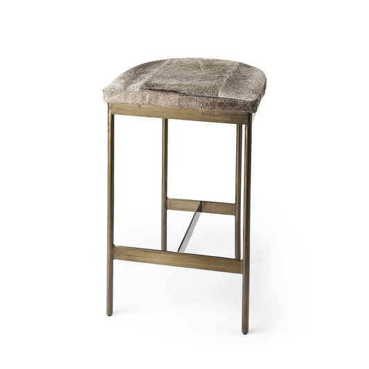 29" Gray And Gold Hair on Hide Leather And Iron Backless Counter Height Bar Chair HomeRoots