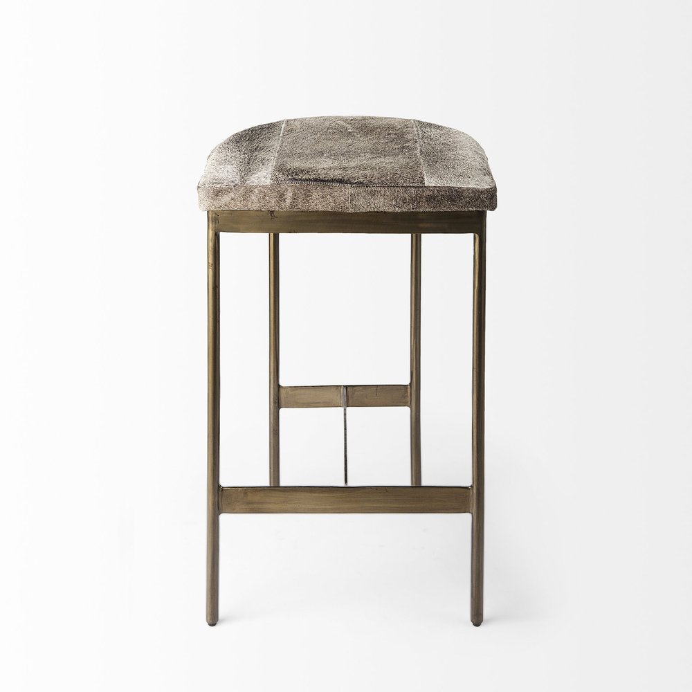 29" Gray And Gold Hair on Hide Leather And Iron Backless Counter Height Bar Chair HomeRoots
