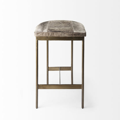 29" Gray And Gold Hair on Hide Leather And Iron Backless Counter Height Bar Chair HomeRoots