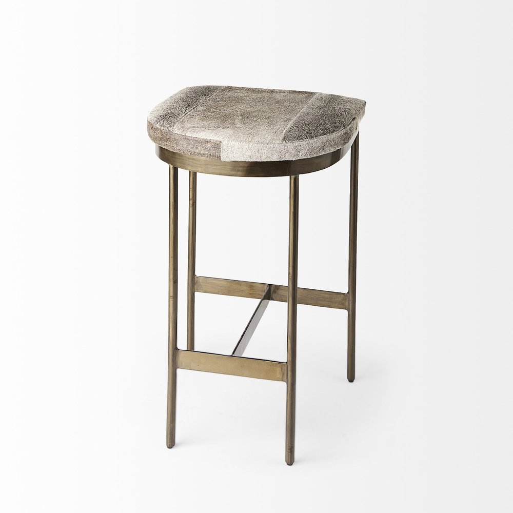 29" Gray And Gold Hair on Hide Leather And Iron Backless Counter Height Bar Chair HomeRoots