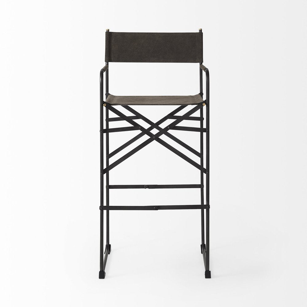 30" Brown And Black Leather And Metal Bar Chair — view 2