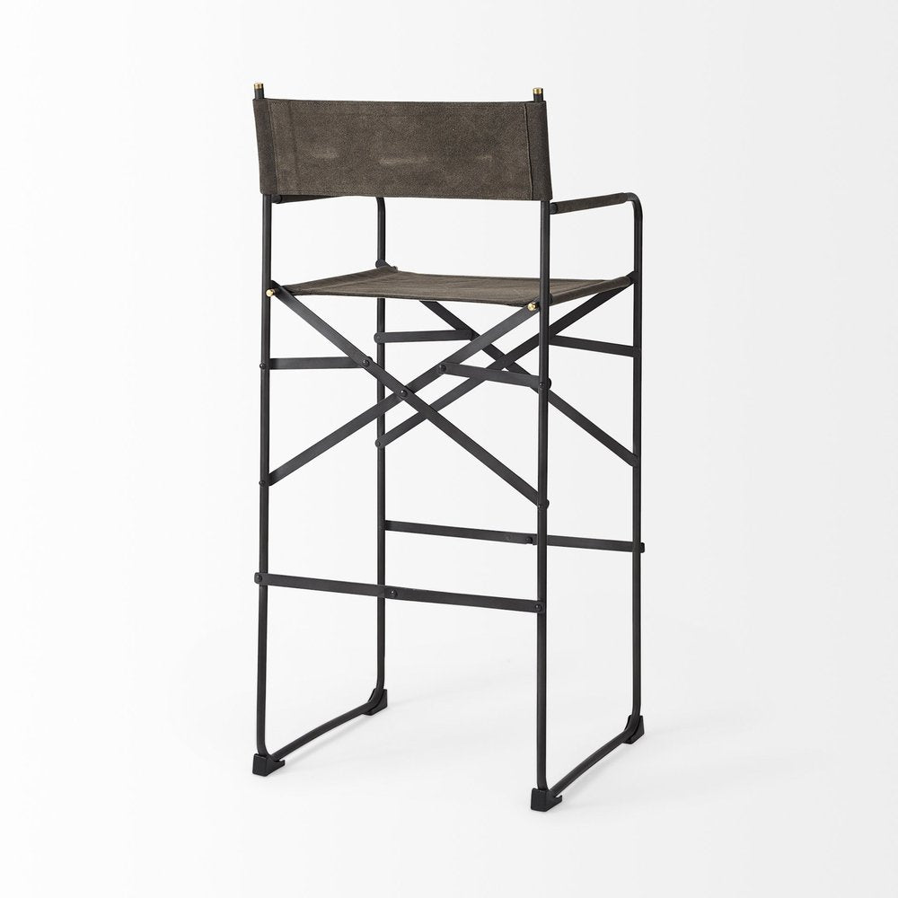 30" Brown And Black Leather And Metal Bar Chair — view 4
