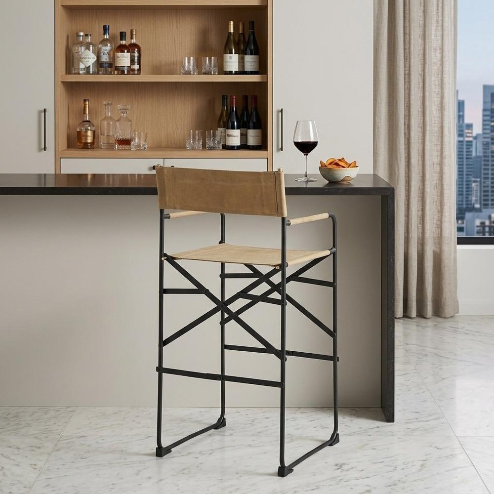35" Brown And Black Leather And Iron Bar Chair