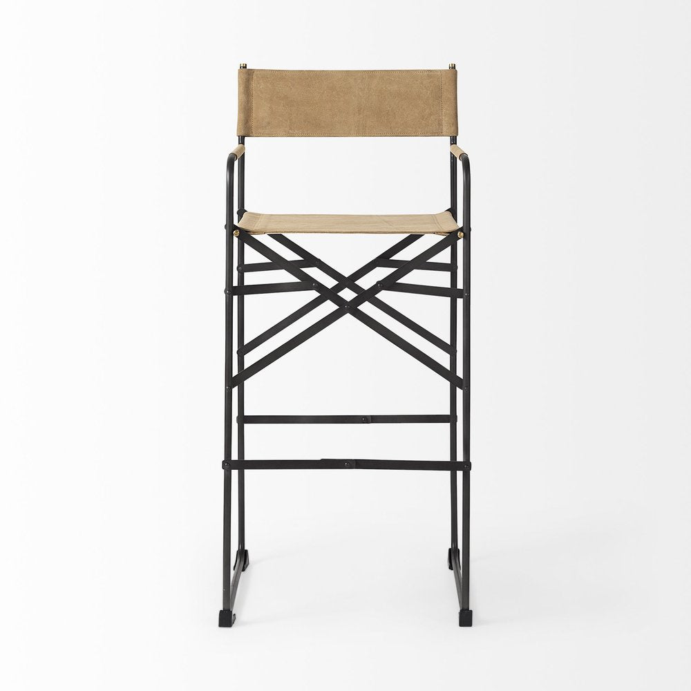 35" Brown And Black Leather And Iron Bar Chair — view 2