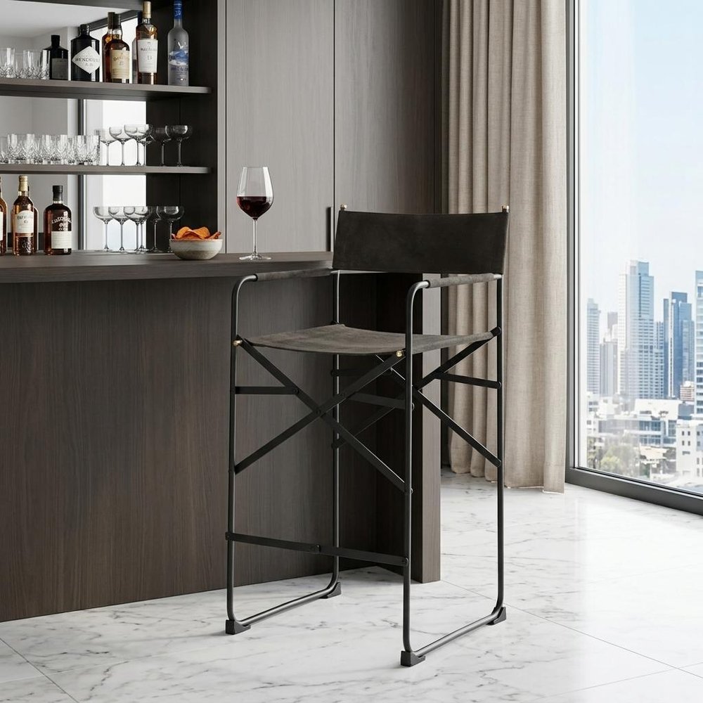 26" Brown And Black Leather And Metal Bar Chair HomeRoots