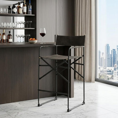 26" Brown And Black Leather And Metal Bar Chair HomeRoots