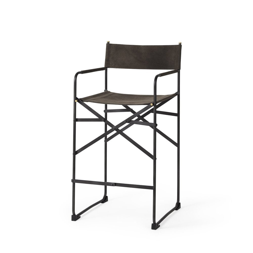 26" Brown And Black Leather And Metal Bar Chair — view 1