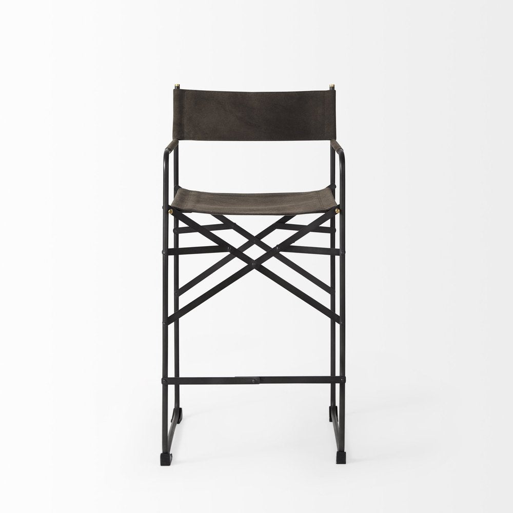 26" Brown And Black Leather And Metal Bar Chair — view 2
