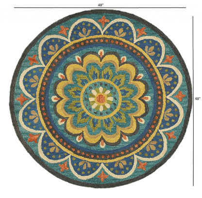 4’ Round Blue Floral Mandala Area Rug