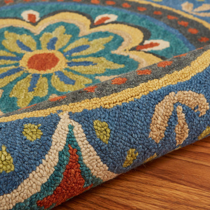 4’ Round Blue Floral Mandala Area Rug