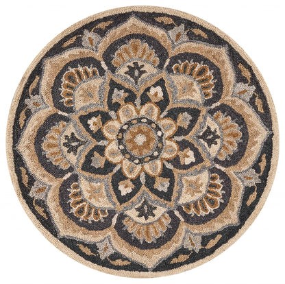 4’ Round Black Flower Blossom Area Rug