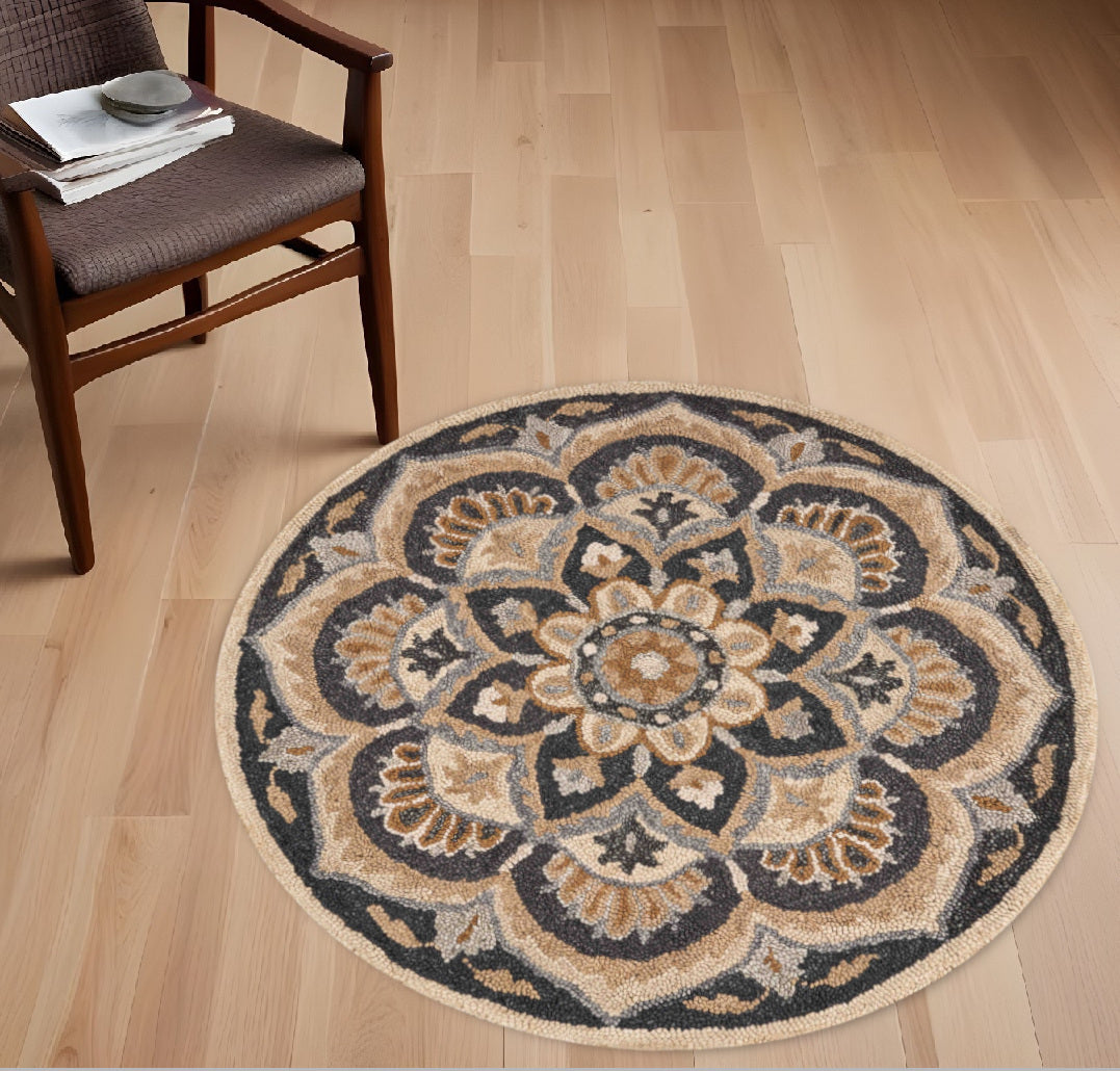 4' Round Black Flower Blossom Area Rug - 94.88" (L) x 94.88" (W) x 0.43" (H)